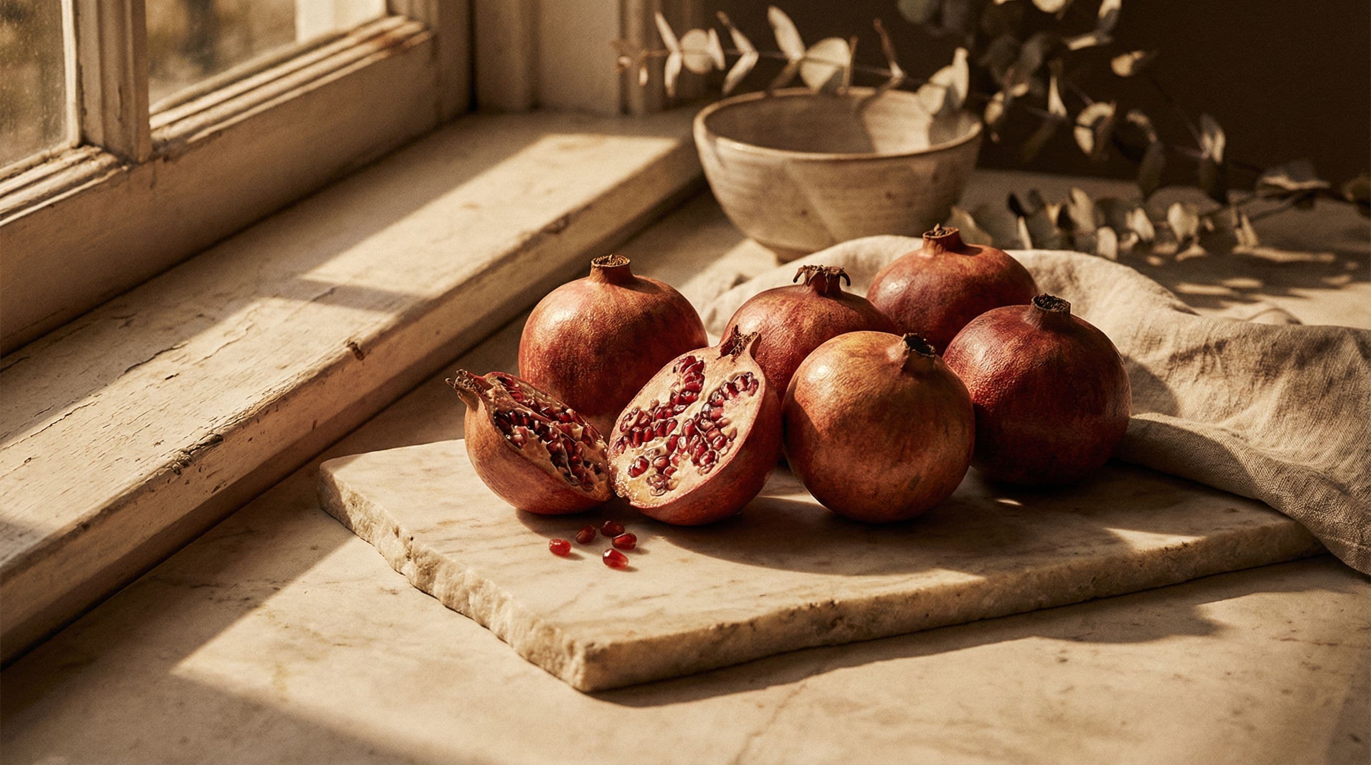 Split pomegranates on ivory marble with warm side lighting, editorial still life rendered by NexusWired