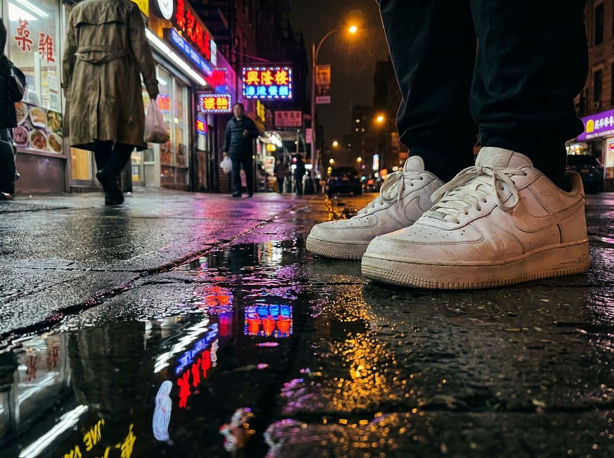 Sneakers on wet urban concrete at night