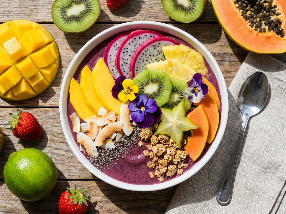 Overhead smoothie bowl with tropical fruits