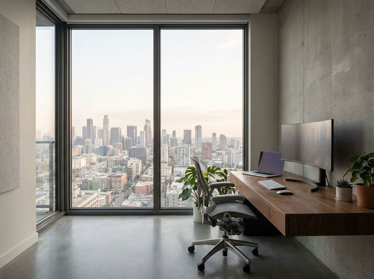Minimalist home office with large windows
