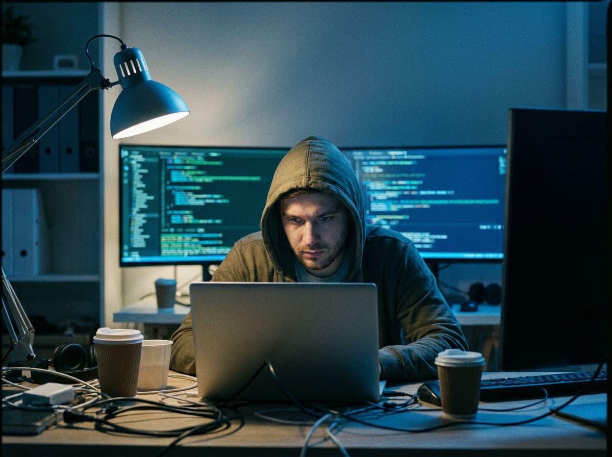 Developer coding at night with ambient lighting